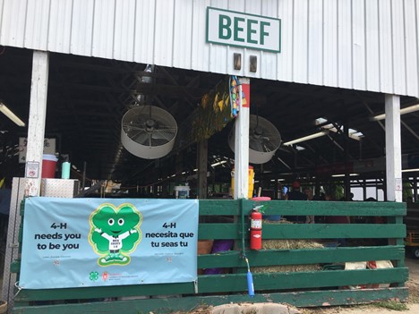 4-H promotional banner hung at Beef Barn.  4-H Needs you to be you in English and Spanish.