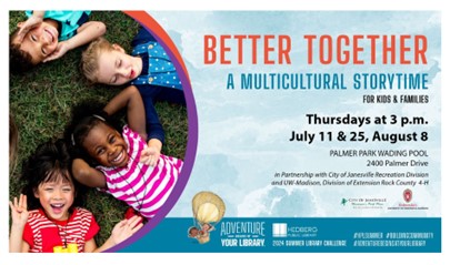 Better Together flyer image of children having fun in the grass and storytime dates.
