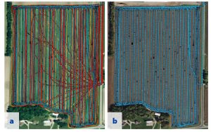 Side by side images of a field showing different harvest patterns
