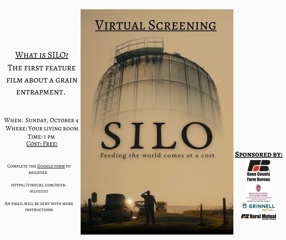 A digital poster for a virtual screening of the film "SILO" on October 4, 2020 at 1:00 pm CDT.