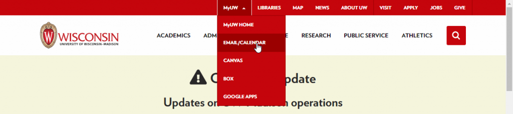 MyUW dropdown menu from wisc.edu main menu