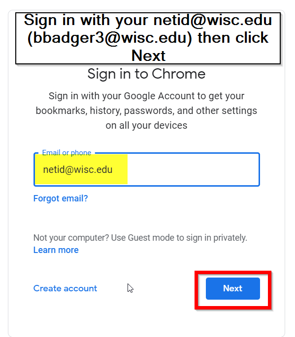 Sign in to Chrome with your UW madison netid