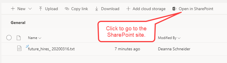 Click Open in SharePoint at the top of the files tab
