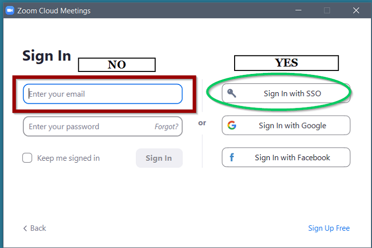 Zoom Client Login Screen . Make sure you select 'Sign in with SSO'