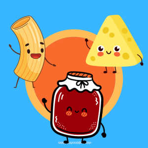 cartoon pasta , cartoon cheese wedge and cartoon jelly jar representing Mac and Cheese and Jam
