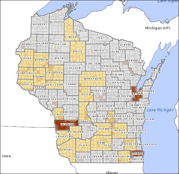 An image of state of Wisconsin showing road options for IoH and Ag CMVs opearting on highways.