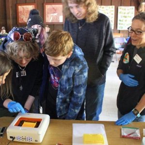Students and teacher push buttons on a machine and watch to see what happens