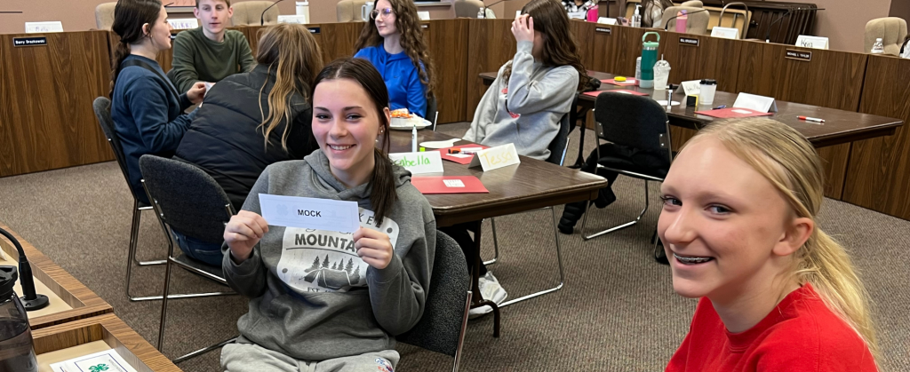 Two youth sit at tables in a council chamber smiling at the camera. The one on the left holds up a paper slip with the word "MOCK" printed on it. In the background, several other youth sit at tables with folders and name tags, interacting in a group discussion.