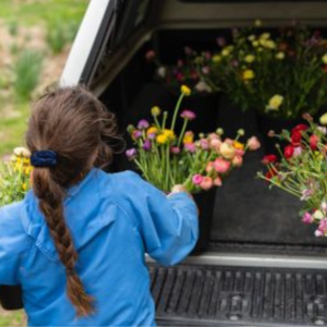 Woman loading bouquets of flowers into a truck