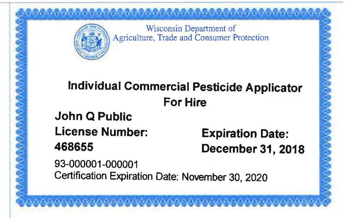 Image of a pesticide applicator license.