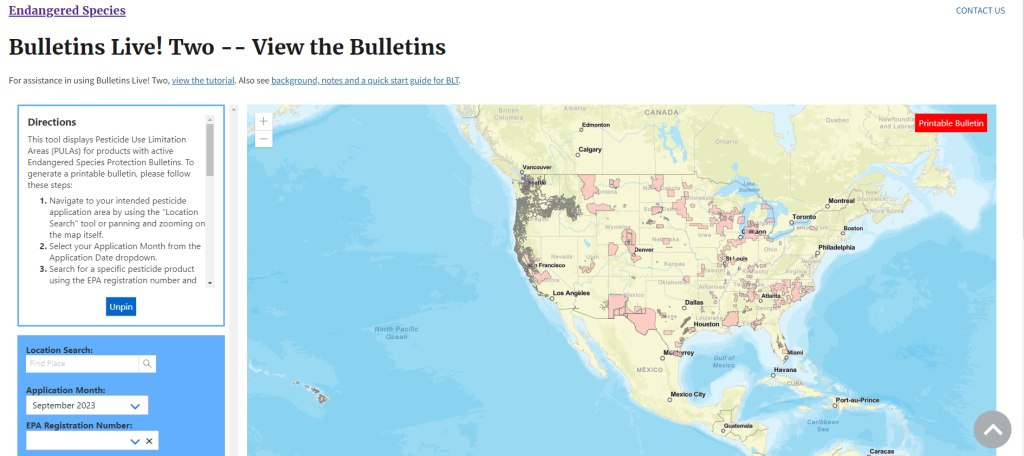Image of Bulletins Live! Two main page showing a map of the US.