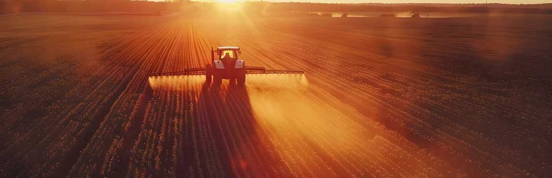 An aerial photo of a tractor spraying a liquid over soybeans in a field. The sun is setting in the background.