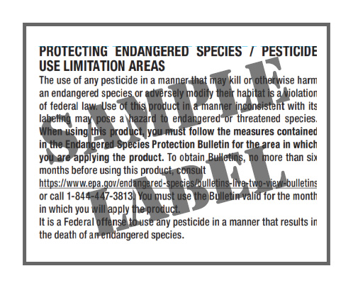 EPA warning about protecting endangered species from pesticide use with federal law violation penalties and bulletin requirements.