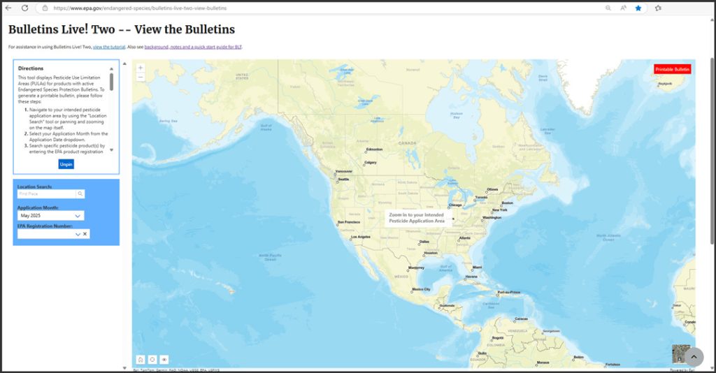 Interactive map interface for "Bulletins Live! Two" showing North America with location search and EPA registration tools.