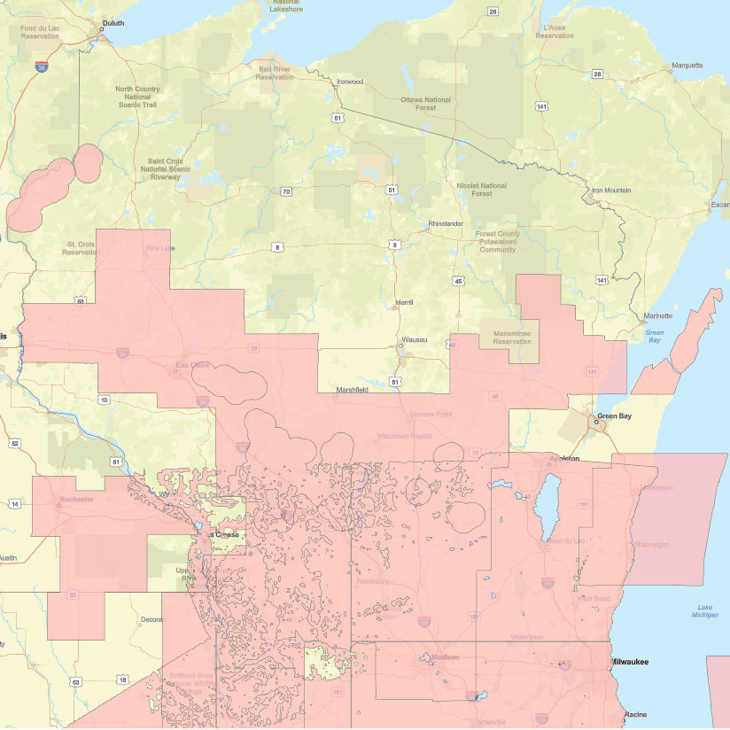 Map of Wisconsin showing pink-shaded pesticide bulletin areas overlaying counties, roads, and geographic features.