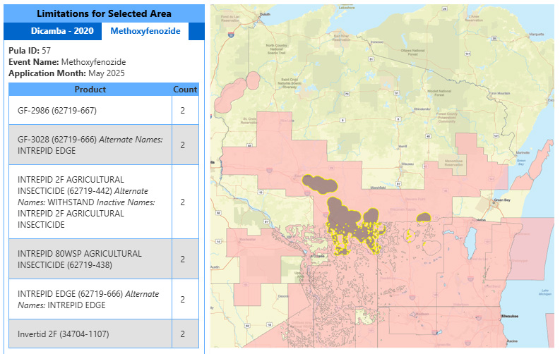 Wisconsin pesticide bulletin map for Dicamba 2020 and Methoxyfenozide showing restricted areas with product limitation details.