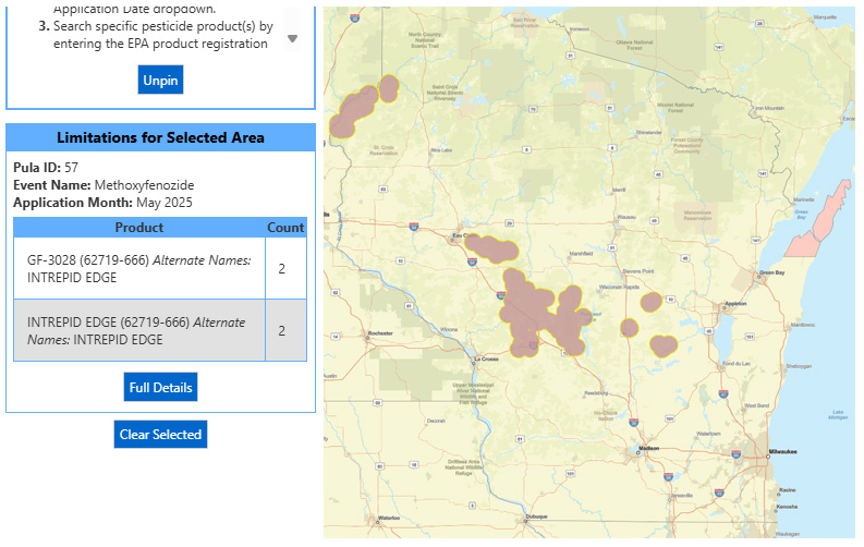 Wisconsin pesticide bulletin map showing Methoxyfenozide restrictions with product details panel and circular restricted zones.