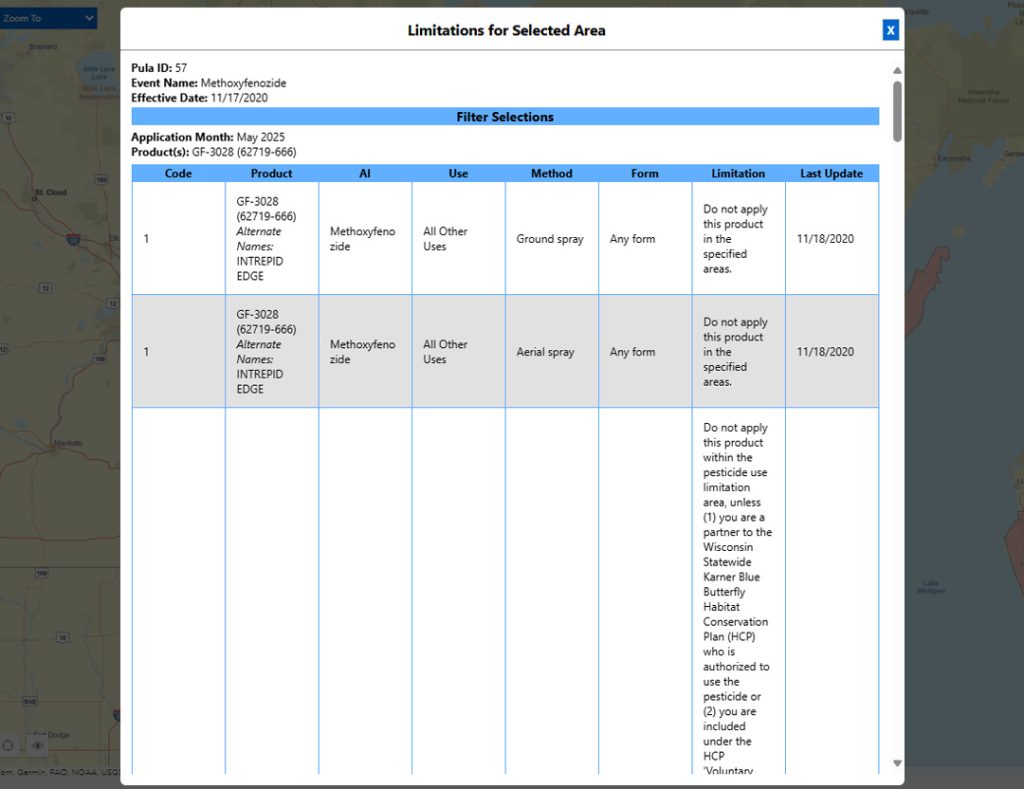 Pesticide limitations table for Methoxyfenozide showing application restrictions for INTREPID EDGE products effective 11/17/2020.