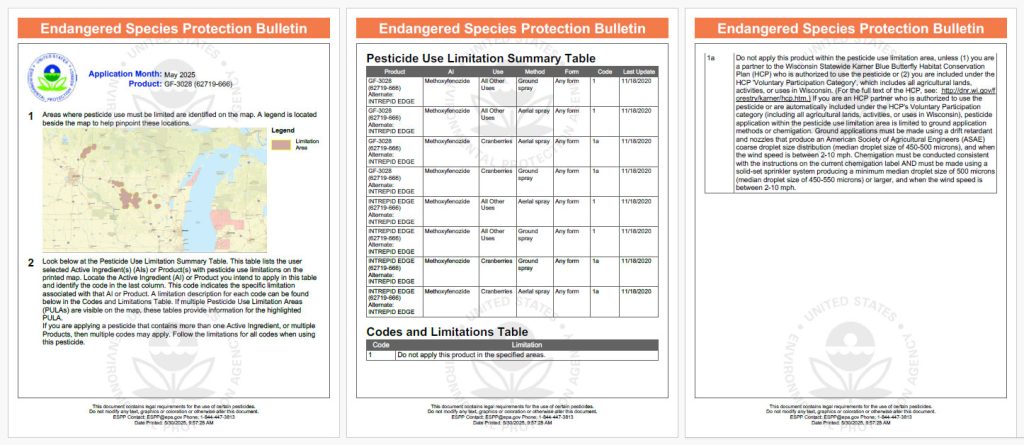 Three-panel Endangered Species Protection Bulletin showing map, pesticide limitation table, and detailed restrictions for May 2025.
