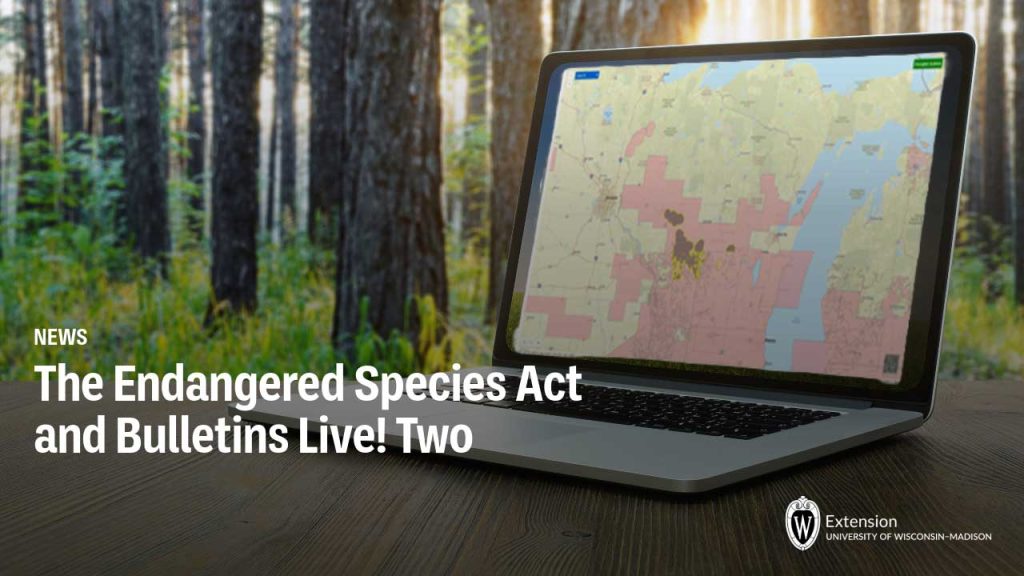 Laptop displaying colorful map in forest setting for "The Endangered Species Act and Bulletins Live! Two" news article.