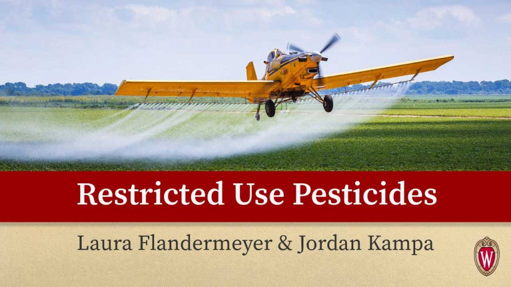Crop duster airplane spraying field with "Restricted Use Pesticides" title and authors Laura Flandermeyer & Jordan Kampa