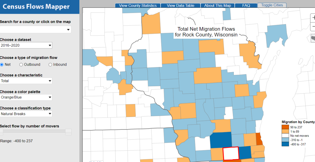 Screenshot of the U.S. Census Bureau, Census Flow Mapper