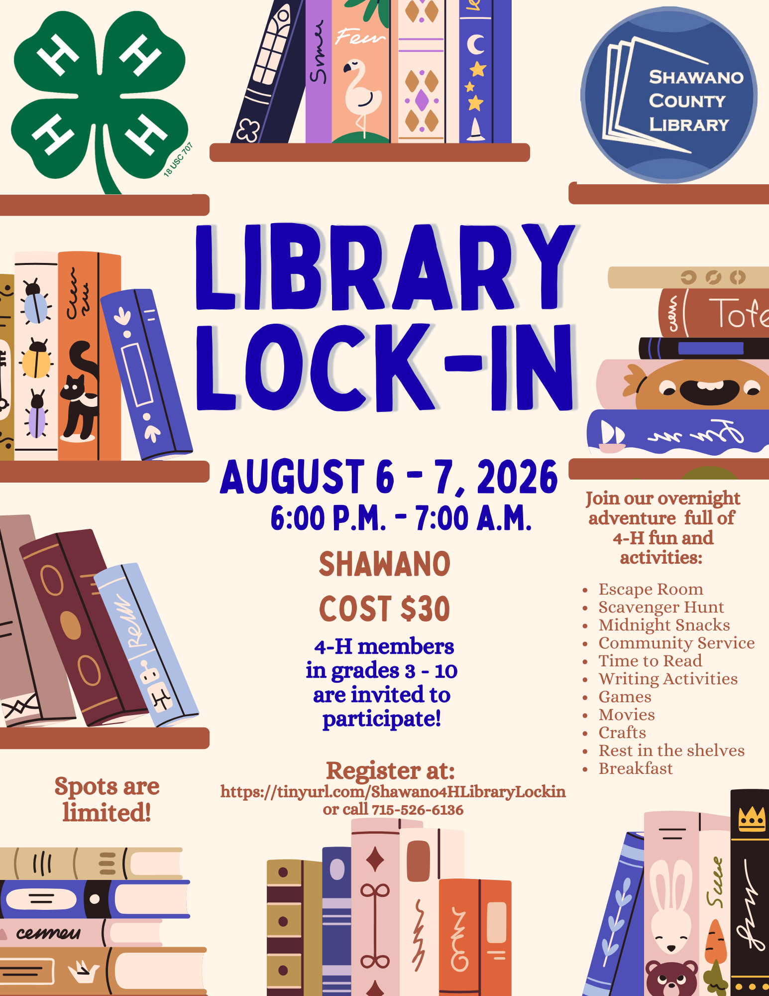 Library Library Lock In Shawano County 4-H Library Lock In Registration is OPEN! – Shawano ...