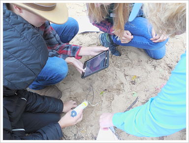 Huddled students use microscope on the sand.