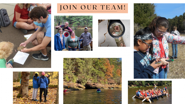 This image shows Upham Woods Staff doing various activities from teaching to kayaking. The text reads "Join our team."