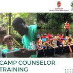 This image reads "camp counselor training" and includes the image of an older counselor showing an ipad to 2 younger youth, as well as an image of many individuals canoeing a barge across the river.