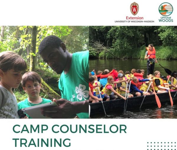 This image reads "camp counselor training" and includes the image of an older counselor showing an ipad to 2 younger youth, as well as an image of many individuals canoeing a barge across the river. 