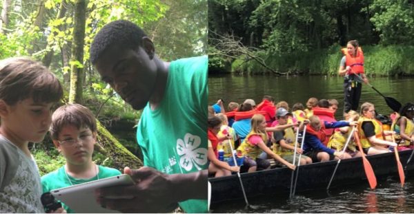 This image includes the image of an older counselor showing an ipad to 2 younger youth, as well as an image of many individuals canoeing a barge across the river. 