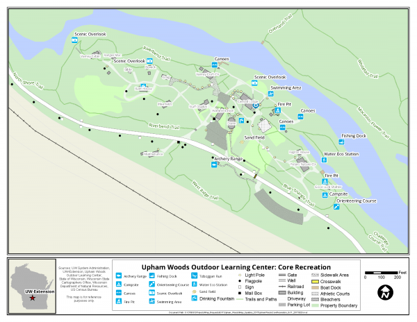 This image shows a map of Upham Woods main trails with building labeled.