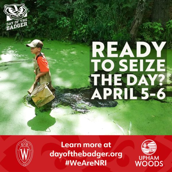 This decorative image shows a young boy, dressed in waders, walking through the water holding a net. Overlaid is text that reads "Ready to Seize the day? April 5-6" 