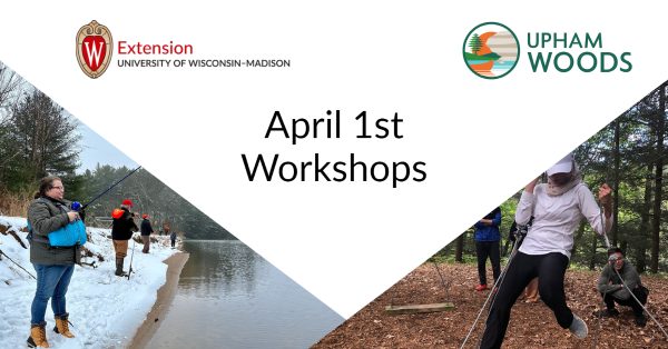 Text Reads: May 1st workshops with 2 included images. One image is a person fishing, and the other image is a person on the bosom's swings teambuilding challenge.