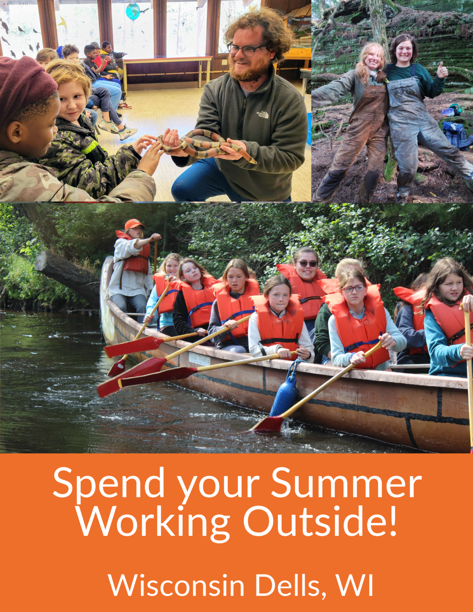 image of folks canoeing. text reads "spend your summer working outside"