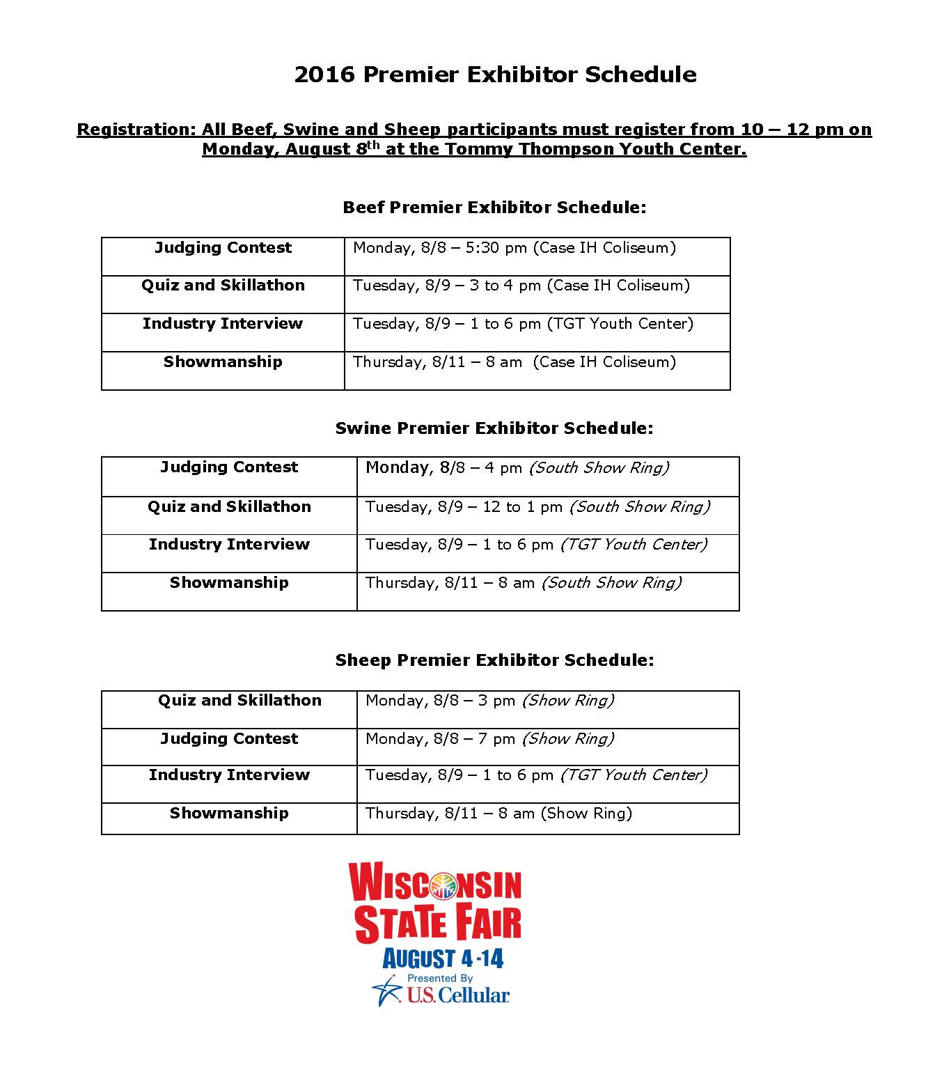 2016 Wisconsin State Fair Premier Exhibitor Schedule of Events